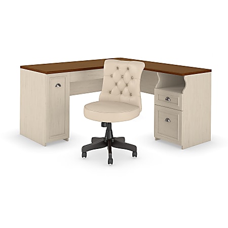 Bush Furniture Fairview 60"W L-Shaped Desk And Chair Set, Antique White/Tea Maple, Standard Delivery