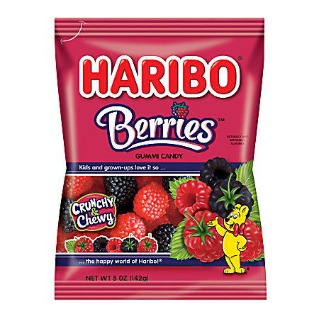 Haribo Raspberry Gummies, 5 Oz, Pack Of 12 Bags