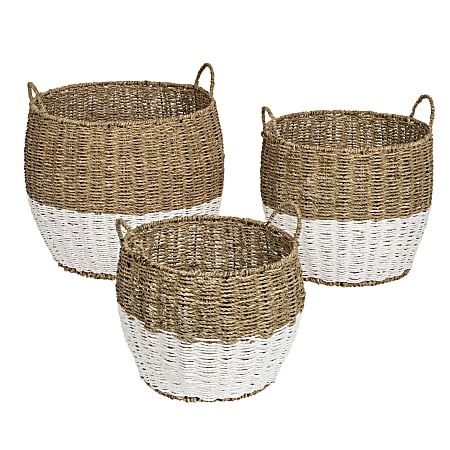 Honey-Can-Do Round Nesting Seagrass 2-Color Baskets With Handles, Medium Size, Natural & White, Set Of 3