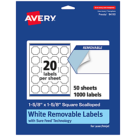 Avery® Removable Labels With Sure Feed®, 94110-RMP50, Square Scalloped, 1-5/8" x 1-5/8", White, Pack Of 1,000 Labels