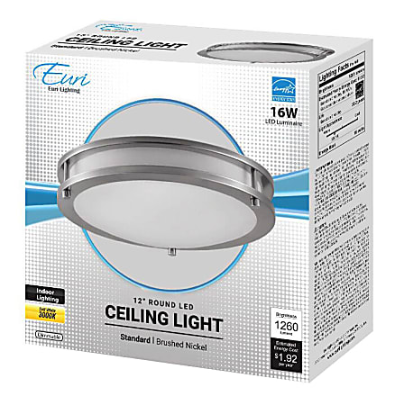 Euri Indoor Round LED Ceiling Light Fixture, 12", Dimmable, 3000K, 16 Watts, 1,260 Lumens, Brushed Nickel/Frosted Plastic