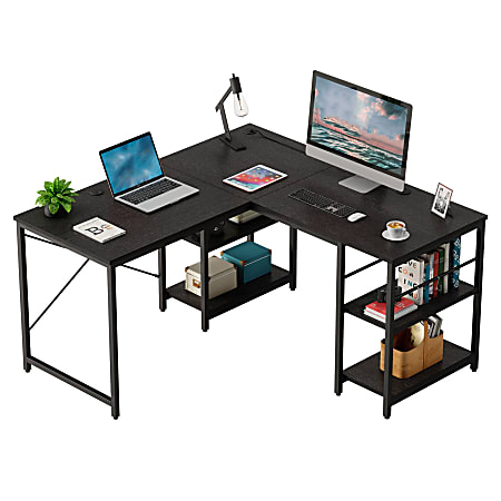 Bestier L-Shaped Corner Computer Desk With Storage Shelf, 3 Cable Holes, 56"W, Grained Black