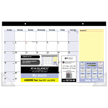 AT-A-GLANCE® QuickNotes® 13-Month Academic Desk Pad Calendar, 17 3/4" x 10 7/8", July 2017 to July 2018