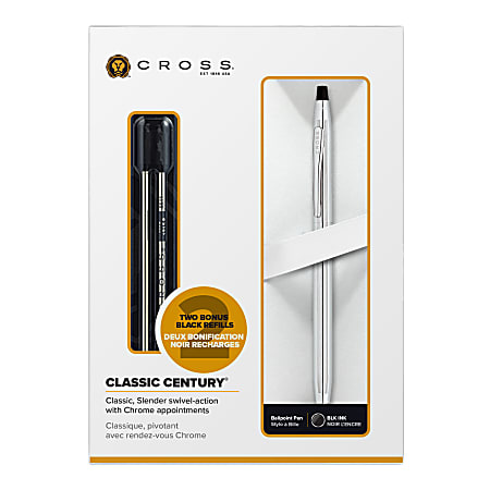 Cross® Century Ballpoint Pen, Medium Point, 0.7 mm, Satin Chrome Barrel, Black Ink