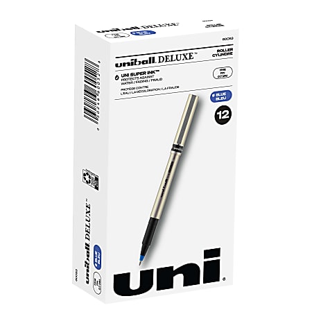 uni-ball® Deluxe Rollerball Pens, Fine Point, 0.7 mm, Gold Barrel, Blue Ink, Pack Of 12