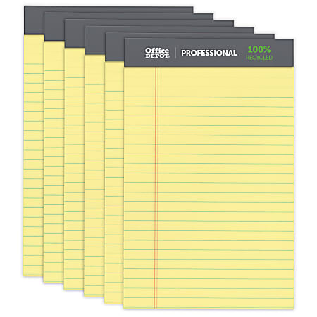 Office Depot® Brand Professional Writing Pads, 5" x 8", Narrow Ruled, 50 Sheets, 100% Recycled, Canary, Pack Of 6