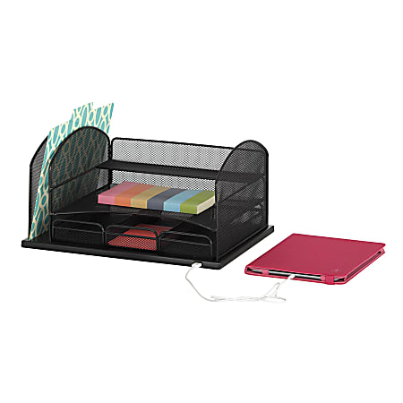 Safco® USB Powered Onyx™ Mesh Desk Organizer, 3-Drawers, 8 1/4"H x 16"W x 11 1/2" D, Black