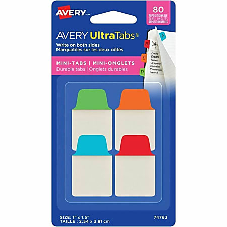 Avery® UltraTabs Repositionable Mini Tabs - Write-on Tab(s) - 1.50" Tab Height x 1" Tab Width - Assorted Tab(s) - 80 / Pack