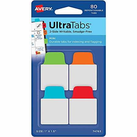 Avery® UltraTabs Repositionable Mini Tabs - Write-on Tab(s) - 1.50" Tab Height x 1" Tab Width - Assorted Tab(s) - 80 / Pack