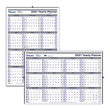 Blueline® Net Zero Carbon Laminated Erasable/Reversible Wall Calendar, 24" x 36", 30% Recycled, FSC® Certified, Black/Blue/Grey, 12-month January to December 2021