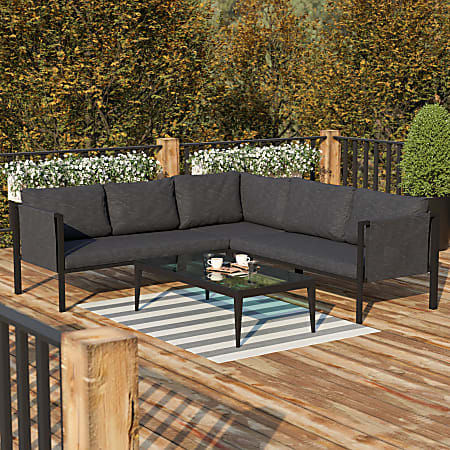 Flash Furniture Lea Steel Indoor/Outdoor Furniture Sectional With Cushions, 26-1/2"H x 85-1/4"W x 85-1/4"D, Charcoal/Black