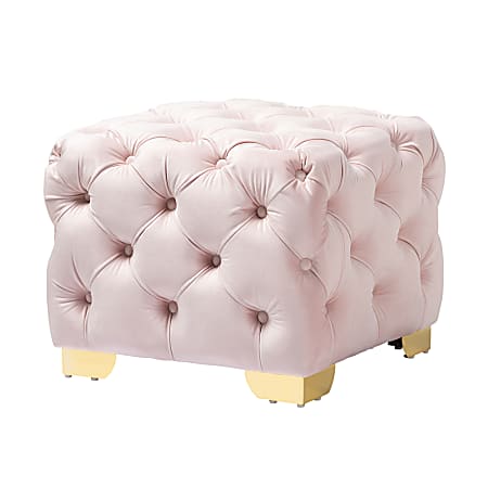 Baxton Studio Glam And Luxe Velvet Button-Tufted Square Ottoman, 17-3/4"H x 20-15/16"W x 20-15/16"D, Light Pink/Gold
