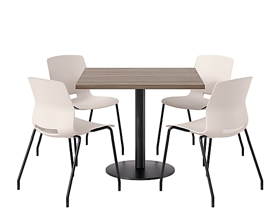 KFI Studios Proof Cafe Pedestal Table With Imme Chairs, Square, 29”H x 36”W x 36”W, Studio Teak Top/Black Base/Moonbeam Chairs