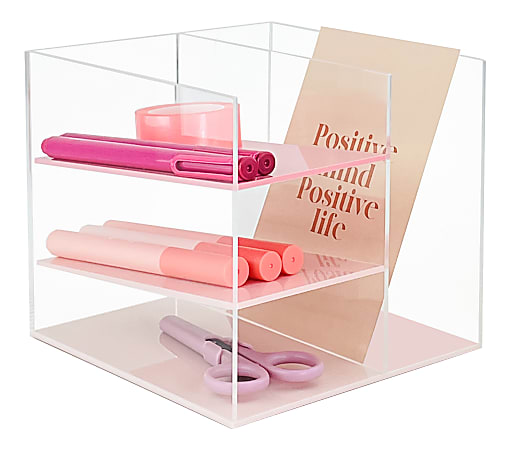 Realspace&reg; Acrylic Slot Desk Organizer, 6"H x 6"W x 5-7/16"D, Clear/Pink
