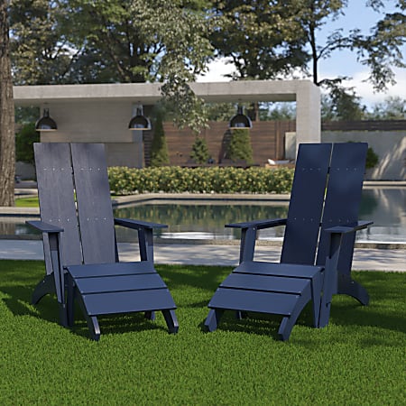 Flash Furniture Sawyer Modern All-Weather Poly Resin Wood Adirondack Chairs With Footrests, Navy, Set Of 2 Chairs
