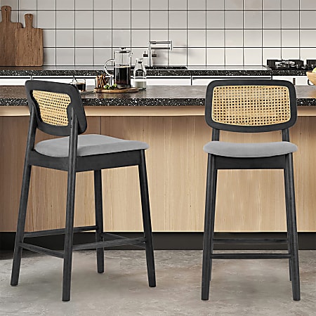 Glamour Home Azuka Fabric Counter-Height Stools With Rattan Backs, Gray/Black, Set Of 2 Stools