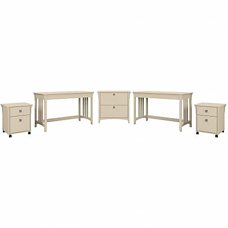 Bush Furniture Salinas 48"W 2-Person Computer Desk Set With File Cabinets, Antique White, Standard Delivery