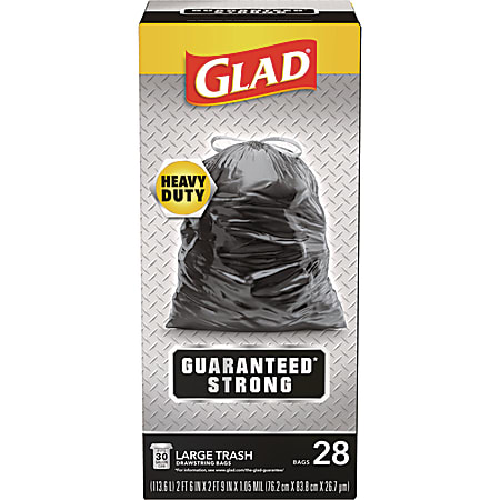 Glad® Guaranteed Strong Large Drawstring Trash Bags, Three-Ply, 30 gal, 1.05 mil, 30 x 33, Black, 28/Box