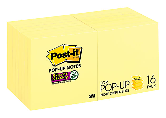Post-it Super Sticky Pop-Up Notes, 3 in x 3 in, 16 Pads, 90 Sheets/Pad, 2x the Sticking Power, Canary Yellow