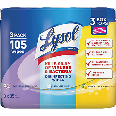 Lysol Disinfecting Wipes 3-pack - Wipe - Early Morning Breeze, Lemon Lime Blossom, Crisp Linen Scent - 105 / Pack - White