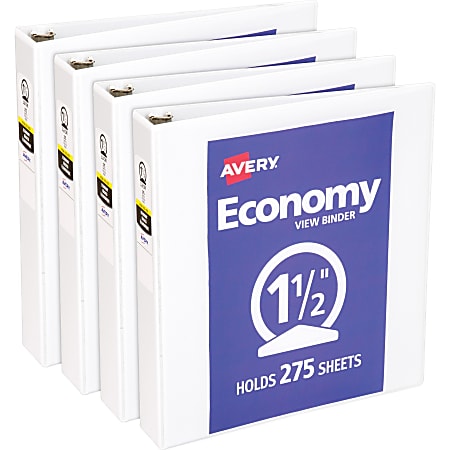 Avery® Economy View Binder, 1 1/2" Ring, 8 1/2" x 11", White, Pack Of 4