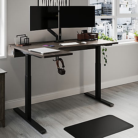 Realspace&reg; Koru Electric 59"W L-Shaped Height-Adjustable Standing Desk with Integrated Power &amp; Charging, Espresso Oak