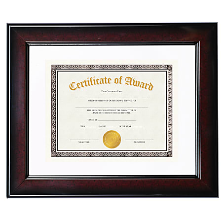 Plastic Document Frame, 11" x 14" Matted To 8 1/2" x 11", Burgundy Burl/Black Accent Bevels