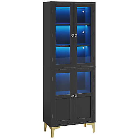 Bestier 65"H 5-Shelf LED Lit Glass Door Storage Cabinet, Adjustable Shelves Bookcase, Display Cabinet for Home Office, Black