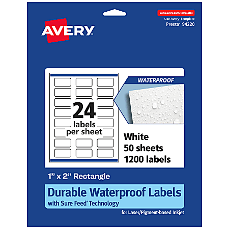 Avery® Waterproof Permanent Labels With Sure Feed®, 94220-WMF50, Rectangle, 1" x 2", White, Pack Of 1,200