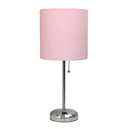 Creekwood Home Oslo Power Outlet Metal Table Lamp, 19-1/2"H, Light Pink Shade/Brushed Steel Base