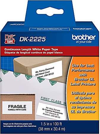 Brother® DK Continous Paper Labels For Brother QL Series Printers, DK-2225, Rectangle, 1.5" x 100', White