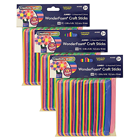 Pacon® Creativity Street WonderFoam Jumbo Craft Sticks, 6" x 3/4", Assorted Colors, 100 Sticks Per Pack, Set Of 3 Packs