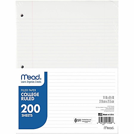 Mead Notebook Filler Paper - Letter - 200 Sheets - Spiral - 0.31" Ruled - Ruled Red Margin - 16 lb Basis Weight - 17208