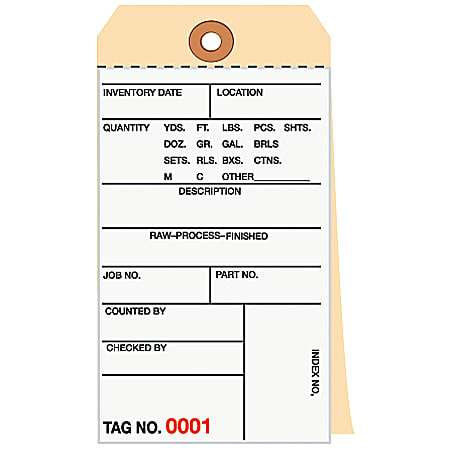 B O X Packaging Manila Inventory Tags, 2-Part Carbonless, 1000-1499, Box Of 500
