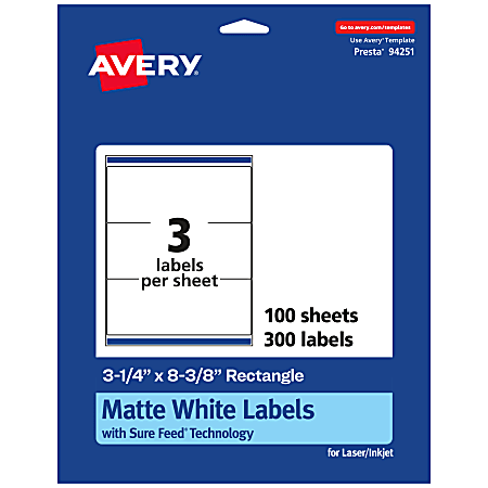 Avery® Permanent Labels With Sure Feed®, 94251-WMP100, Rectangle, 3-1/4" x 8-3/8", White, Pack Of 300