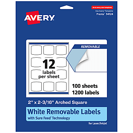 Avery® Removable Labels With Sure Feed®, 94124-RMP100, Arched Square, 2" x 2-3/16", White, Pack Of 1,200 Labels