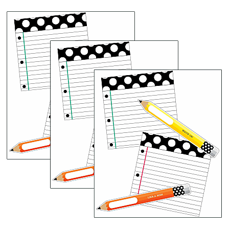 Carson Dellosa Education Cut-Outs, Schoolgirl Style Black, White & Stylish Brights Pencils And Papers, 12 Cut-Outs Per Pack, Set Of 3 Packs