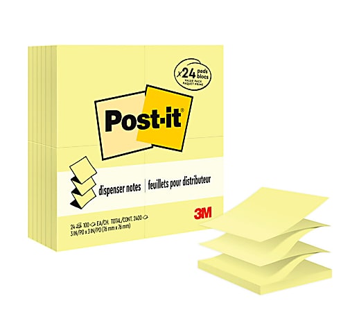 Post-it Pop Up Notes, 3 in x 3 in, 24 Pads, 100 Sheets/Pad, Clean Removal, Canary Yellow