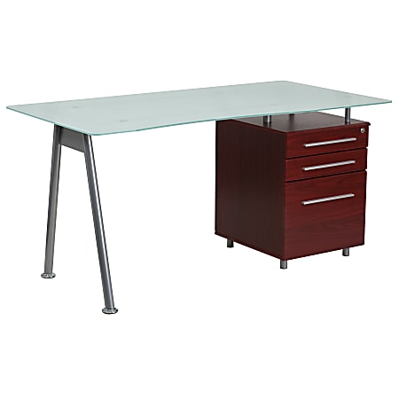 Flash Furniture Contemporary Glass Computer Desk with 3-Drawer Pedestal, Frost/Mahogany