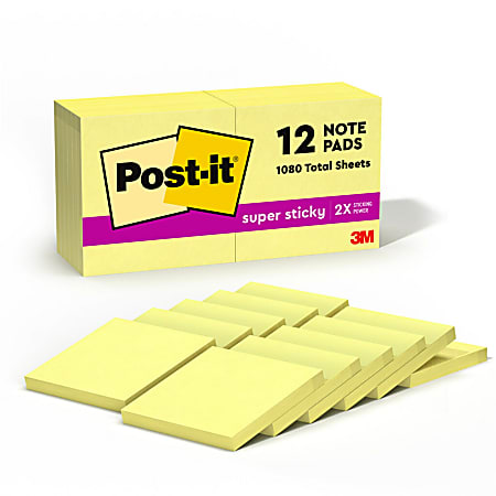 Post-it® Super Sticky Notes, 3 in x 3 in, 10 Pads, 90 Sheets/Pad, 2x the Sticking Power, Canary Yellow