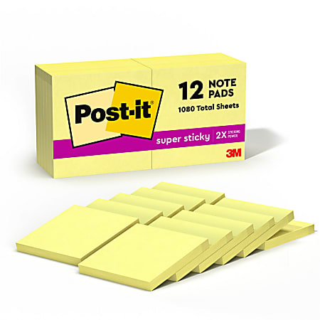 Post it® Super Sticky Notes, 3 in x 3 in, Canary Yellow, Pack Of 12 Pads