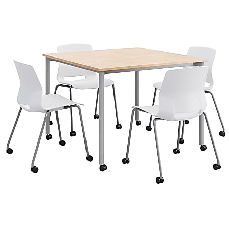 KFI Studios Dailey Square Dining Set With Caster Chairs, Natural/Silver/White