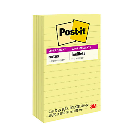 Post-it® Super Sticky Notes, 4 in x 6 in, 5 Pads, 90 Sheets/Pad, 2x the Sticking Power, Canary Yellow, Lined
