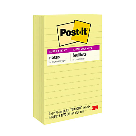 Post-it® Super Sticky Notes, 4 in x 6 in, 5 Pads, 90 Sheets/Pad, Lined, 2x the Sticking Power, Back to School Supplies for Students, Sticky Notes for Textbooks, Notebooks, Walls and Vertical Surfaces, Canary Yellow