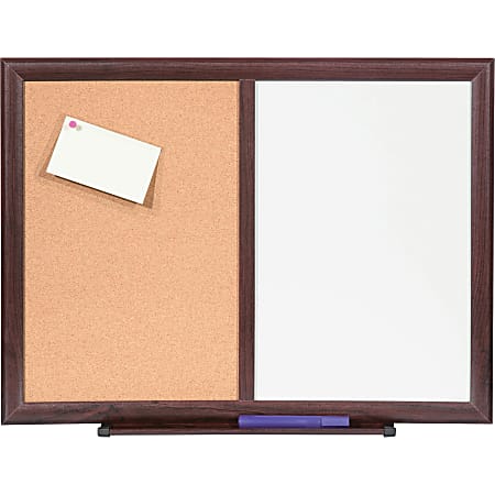 Lorell® Non-Magnetic Melamine Dry-Erase Whiteboard Cork Combo Board, 24" x 18", Mahogany Wood Frame