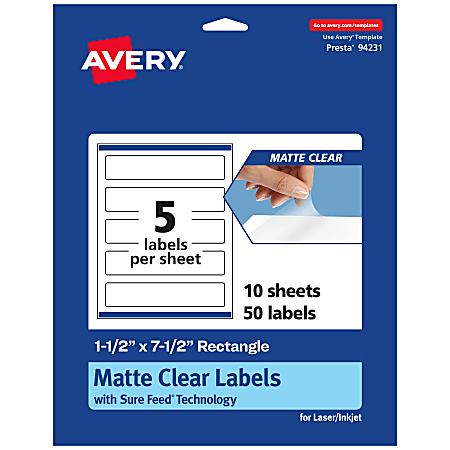 Avery® Permanent Labels With Sure Feed®, 94231-CMF10, Rectangle, 1-1/2" x 7-1/2", Matte Clear, Pack Of 50