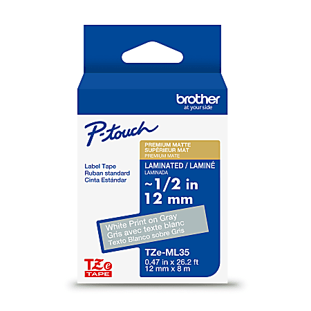 Brother P-touch TZeML35 Premium Matte Laminated Label Tape, 0.47 in x 26.2 ft (12mm x 8m), White on Gray