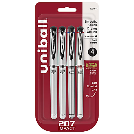 uni-ball® 207™ Impact™ Gel Pens, Bold Point, 1.0 mm, Assorted Barrels, Assorted Ink Colors, Pack Of 4