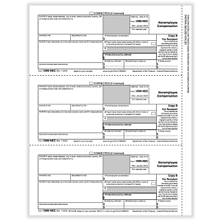 ComplyRight® 1099-NEC Tax Forms, Recipient Copy B, 3-Up, Laser, 8-1/2" x 11", Pack Of 150 Forms