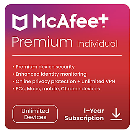 McAfee®+ Premium Antivirus & Internet Security Software, Individual Unlimited Devices, 1-Year Subscription, Download